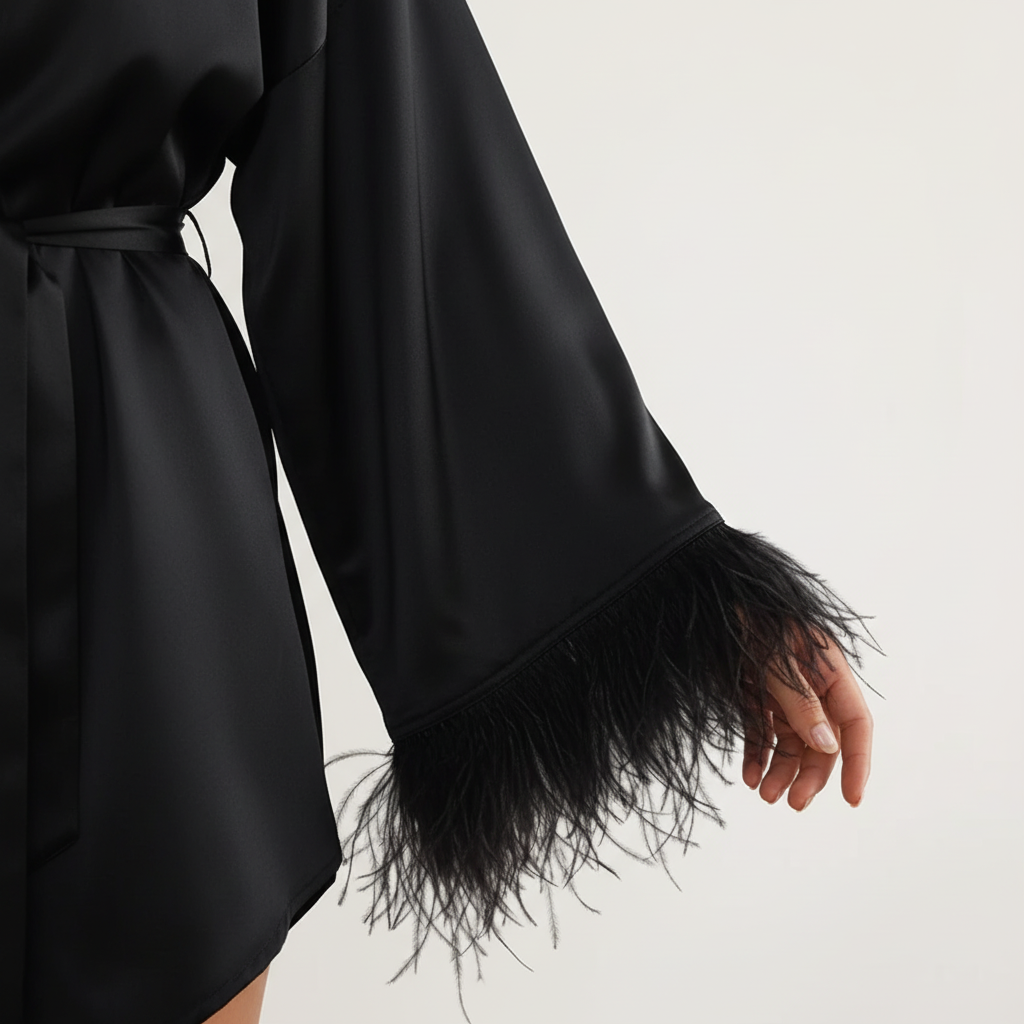 Short wrap robe with feather-trimmed sleeves and adjustable tie waist