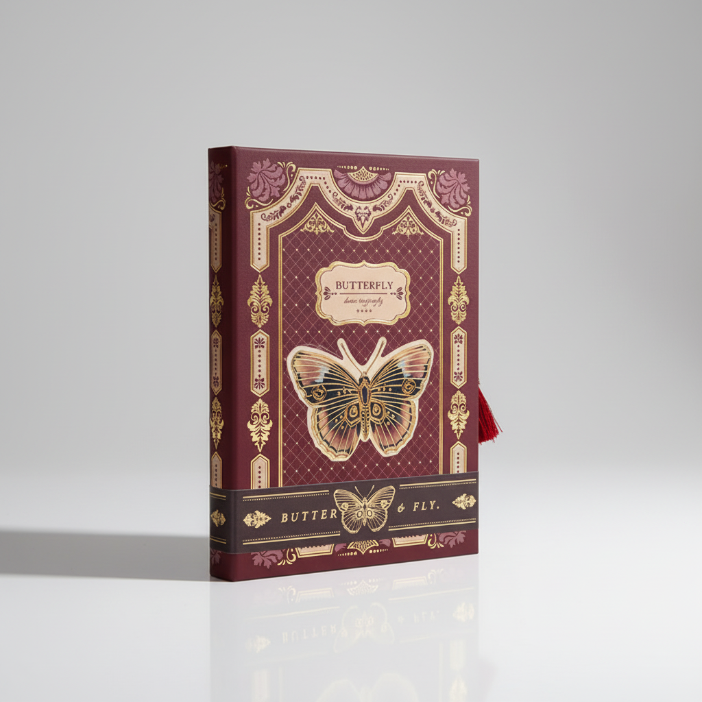 Hardcover illustrated notebook with butterfly design and metallic accents