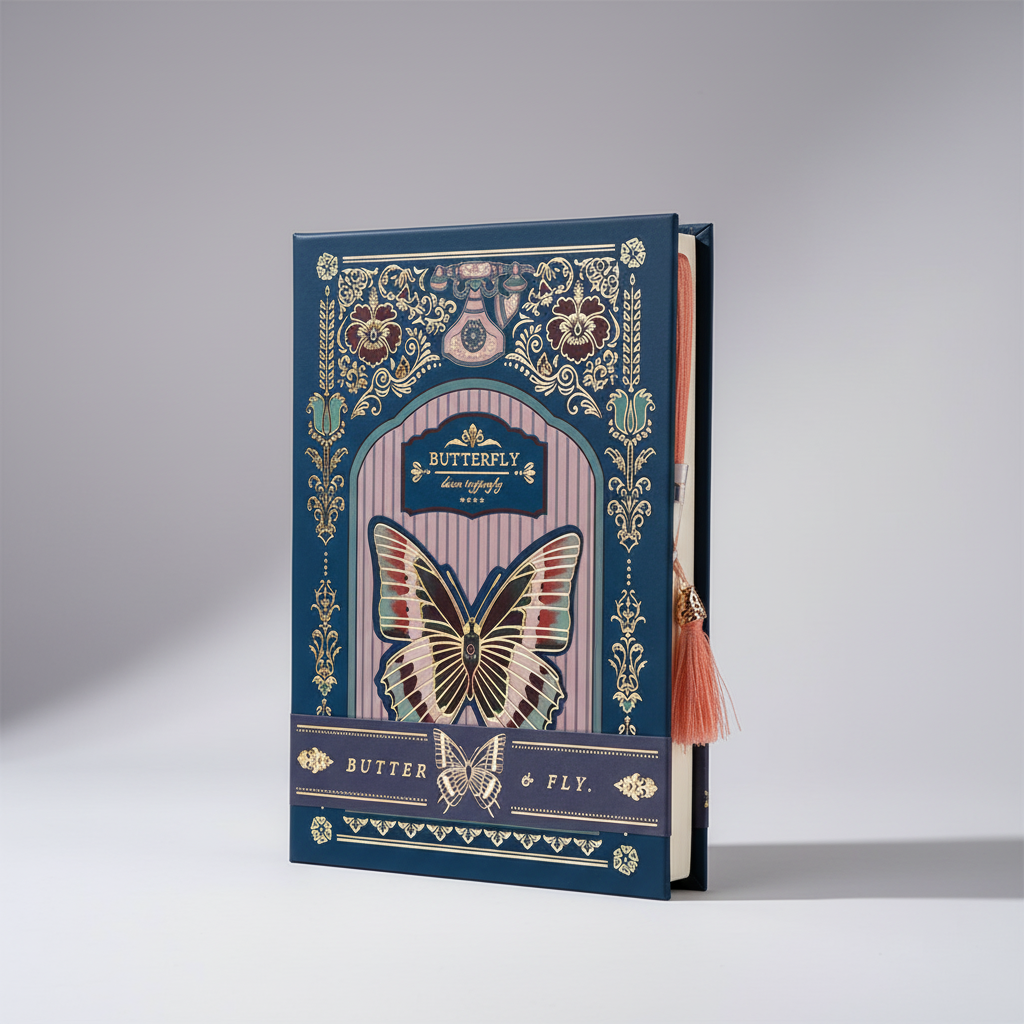 Hardcover illustrated notebook with butterfly design and metallic accents