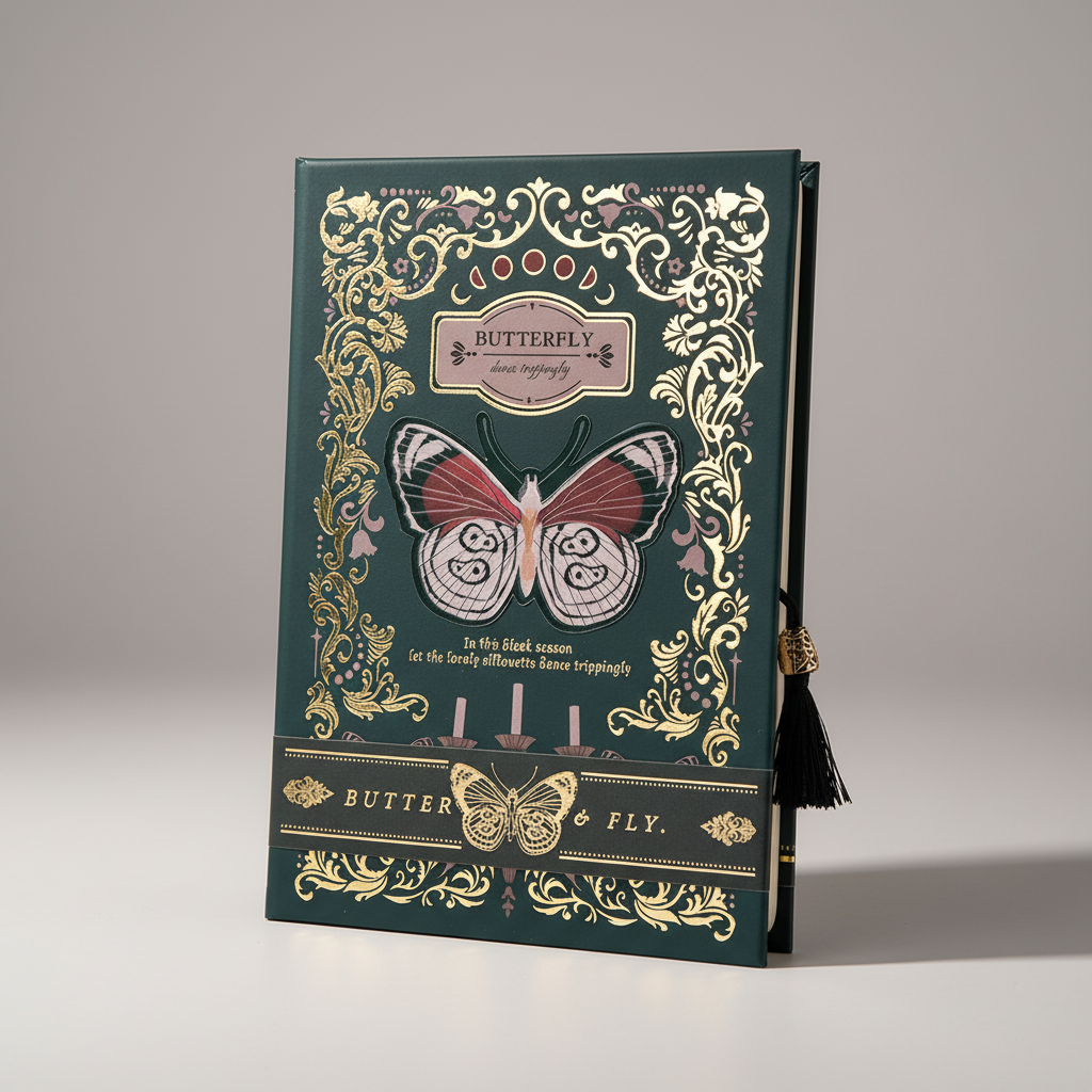 Hardcover illustrated notebook with butterfly design and metallic accents