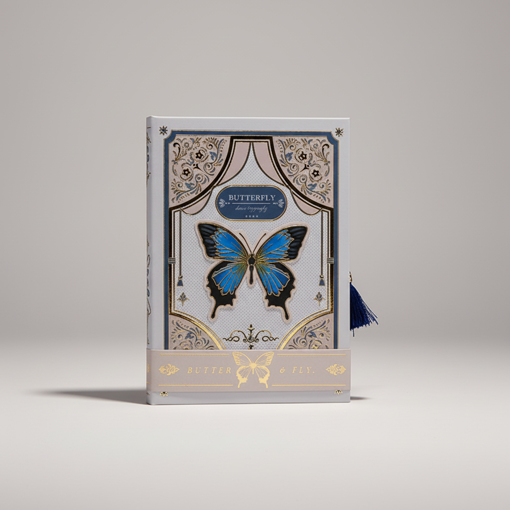 Hardcover illustrated notebook with butterfly design and metallic accents