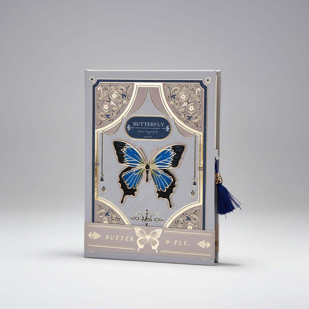 Hardcover illustrated notebook with butterfly design and metallic accents