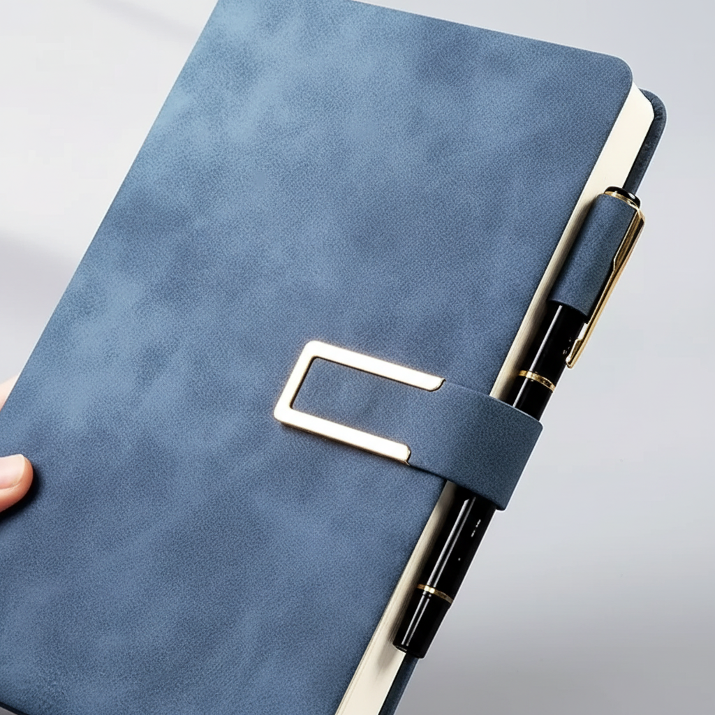 A5 retro notebook with integrated pen loop and strap closure
