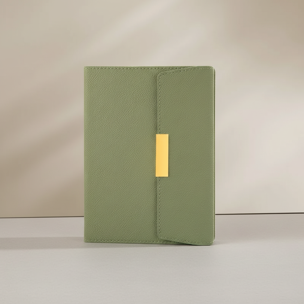 A5 travel notebook with reinforced protective cover and integrated pen holder