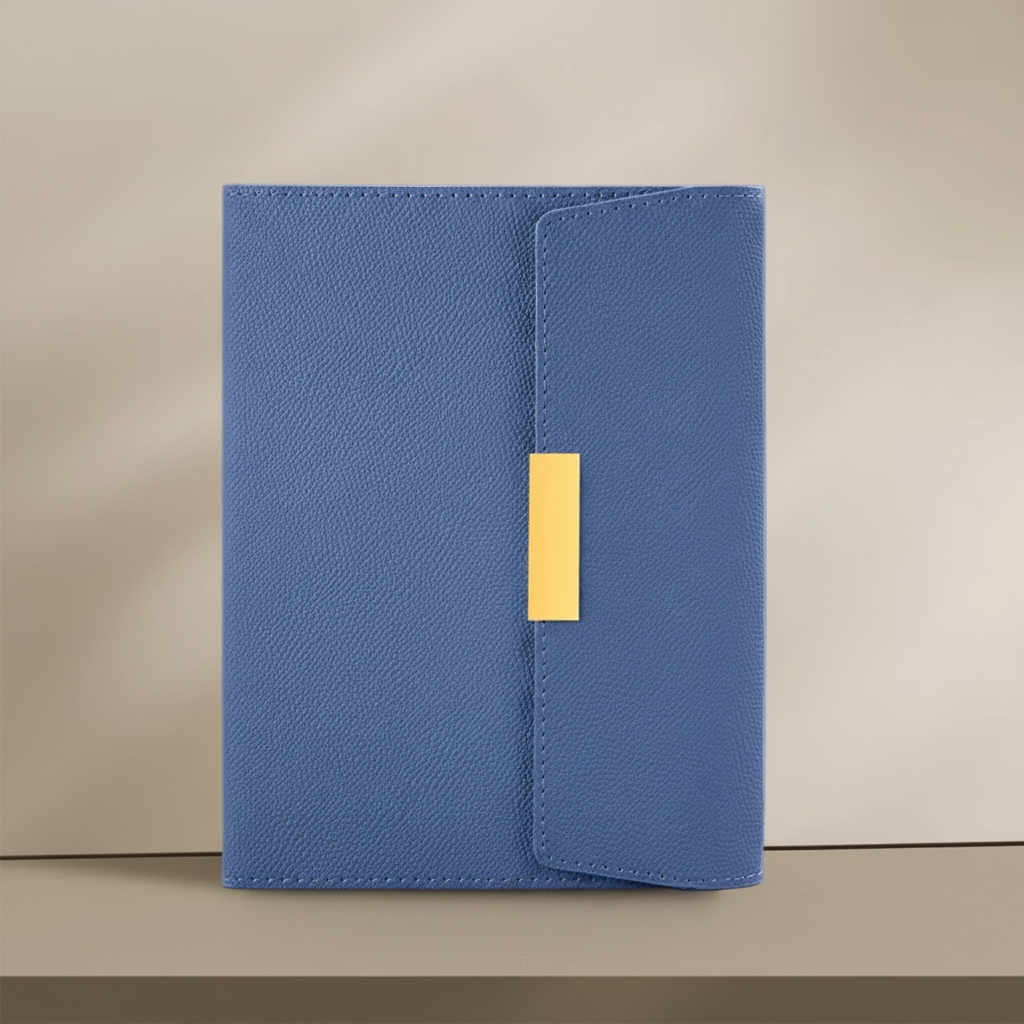 A5 travel notebook with reinforced protective cover and integrated pen holder