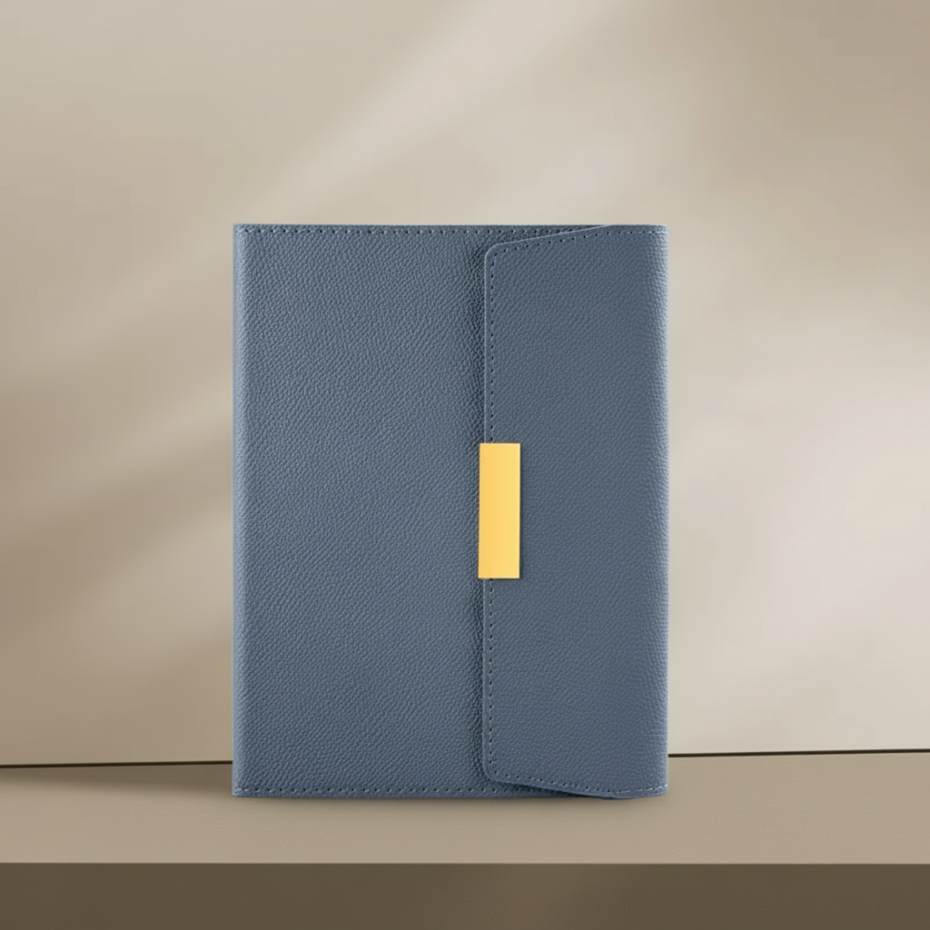 A5 travel notebook with reinforced protective cover and integrated pen holder
