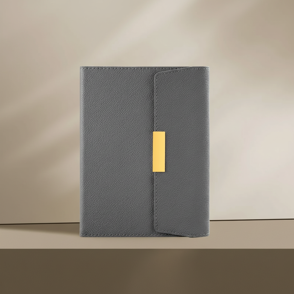 A5 travel notebook with reinforced protective cover and integrated pen holder