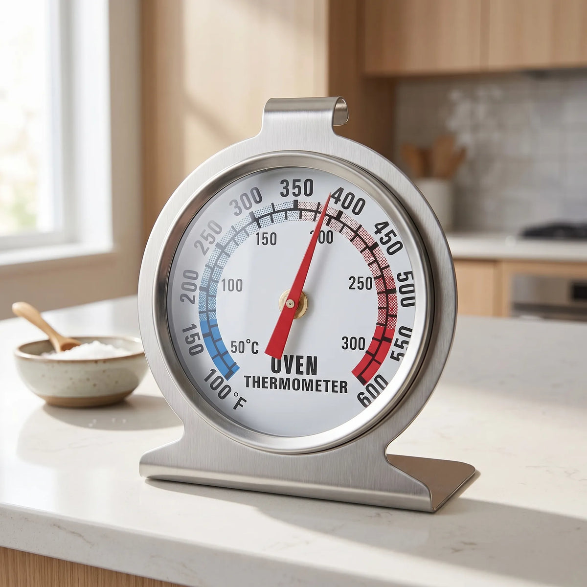 Mechanical dial oven thermometer with colour-coded temperature zones and hanging hook