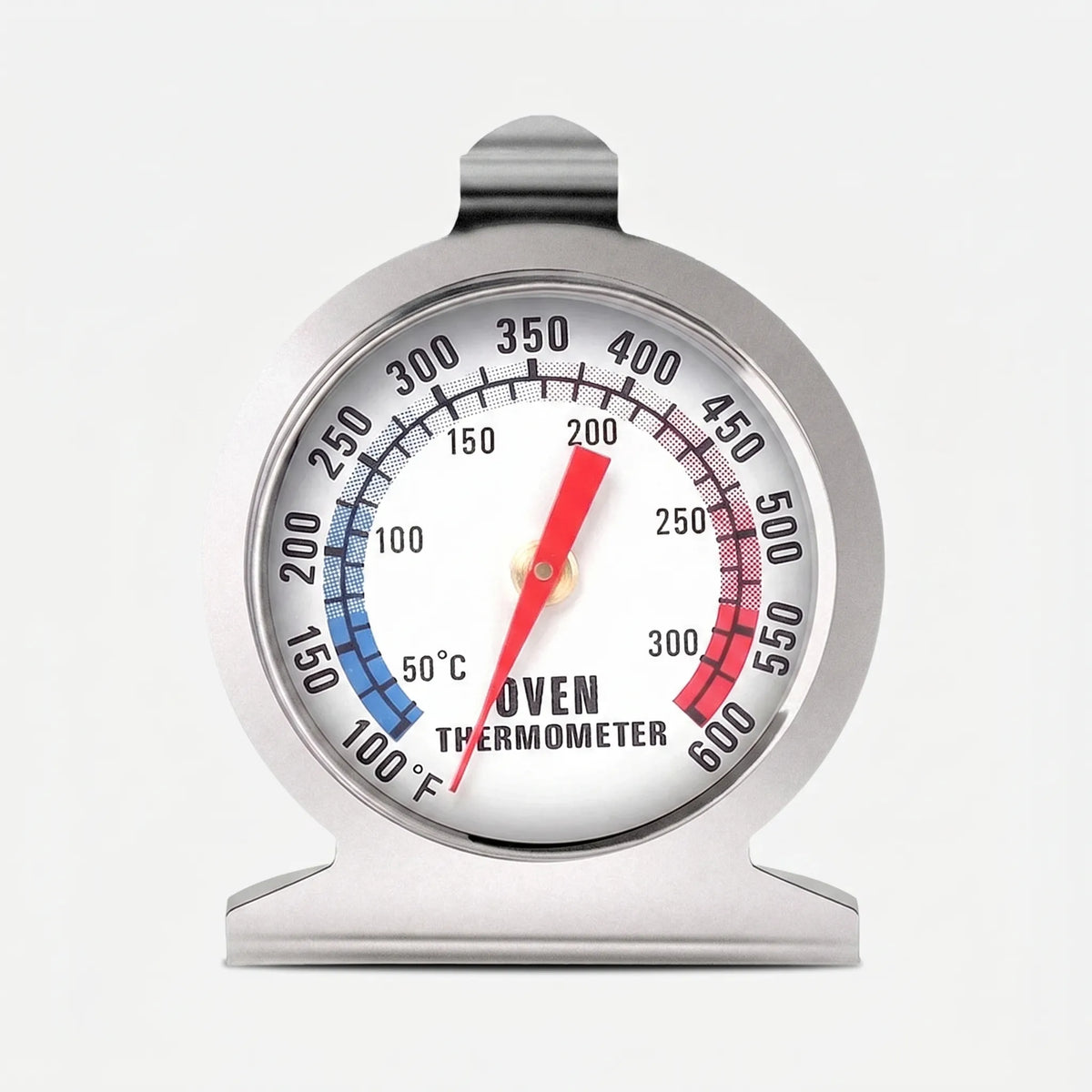 Mechanical dial oven thermometer with colour-coded temperature zones and hanging hook