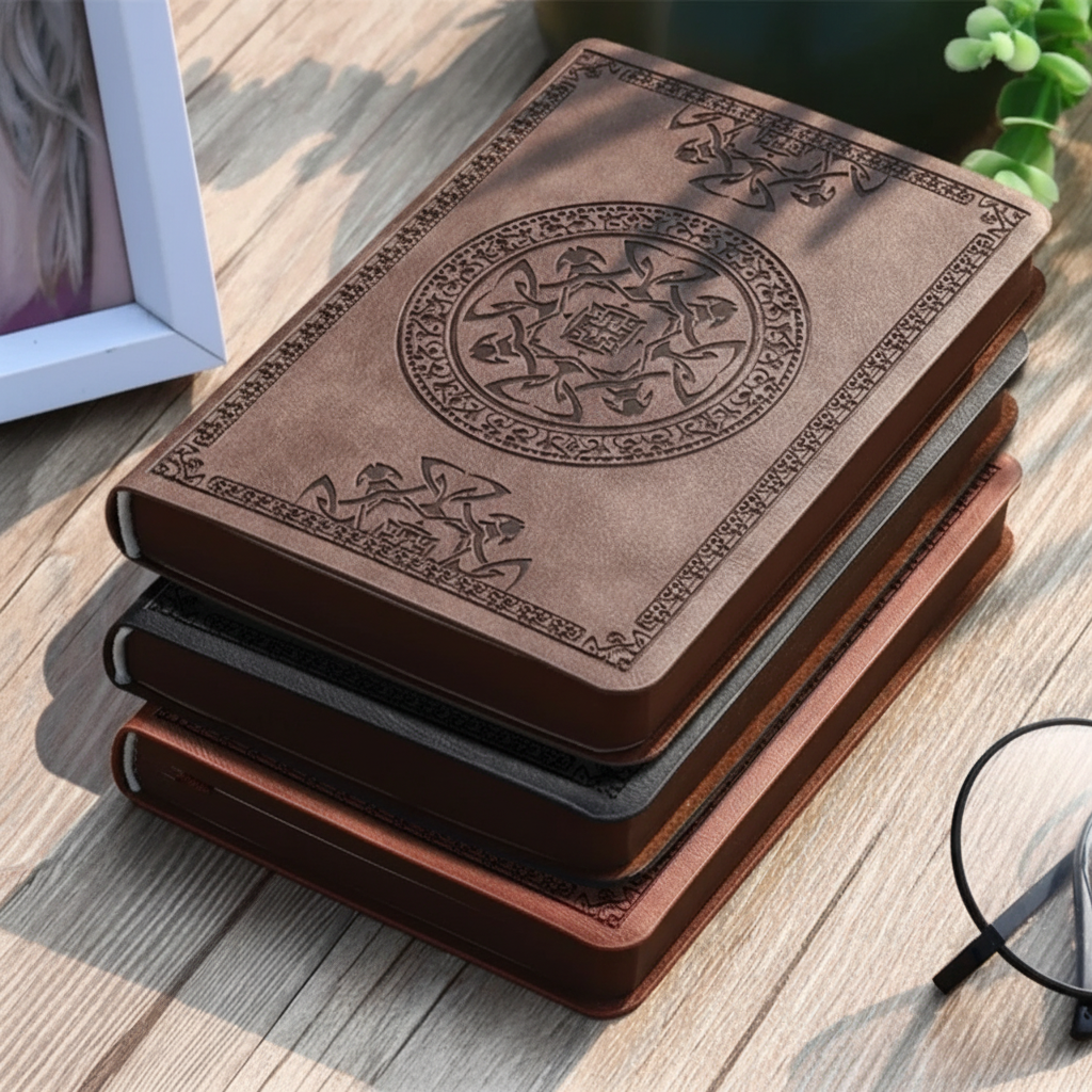 Portable vintage embossed journal with hardcover and smooth writing pages