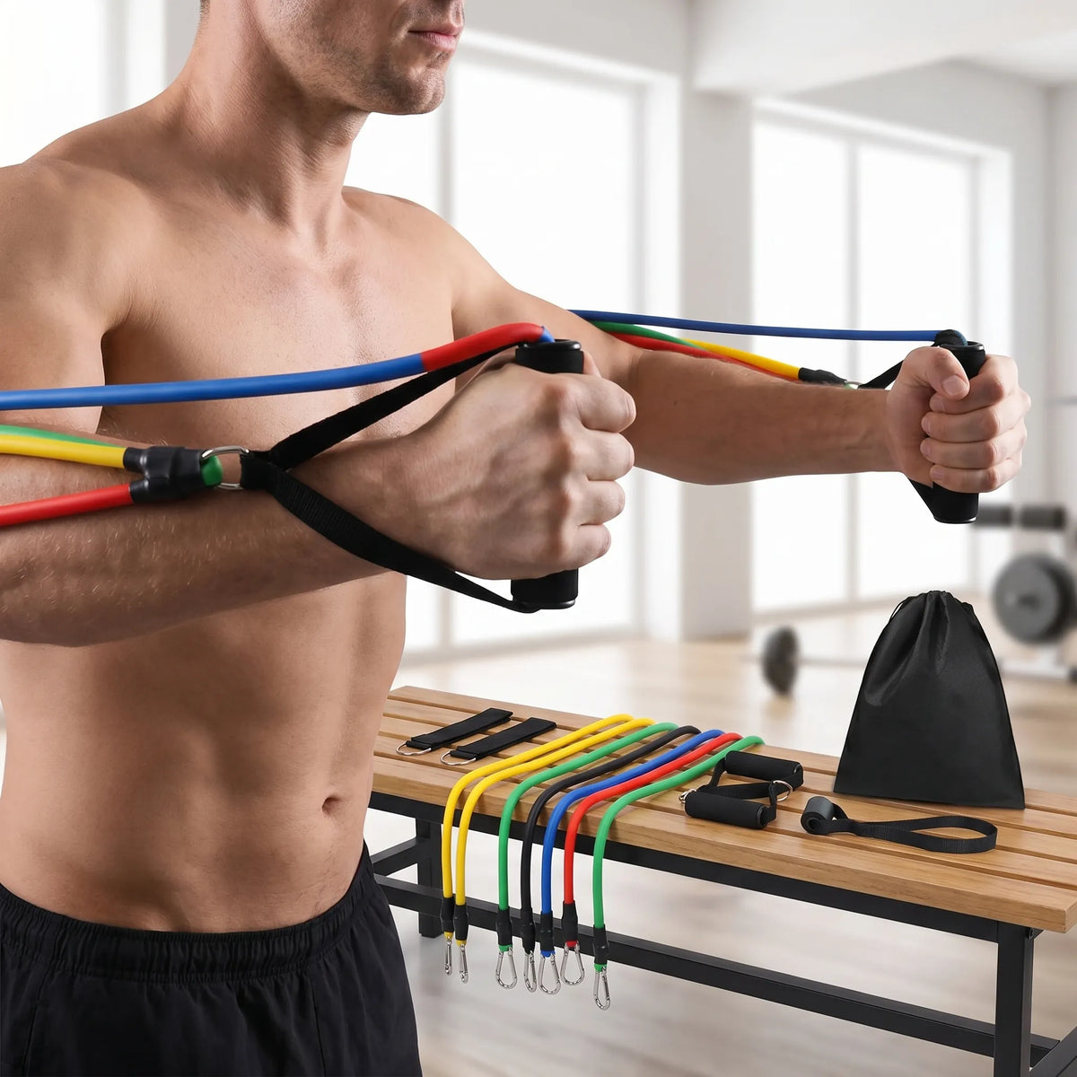 Resistance band set with colour-coded tubes, padded handles and ankle straps
