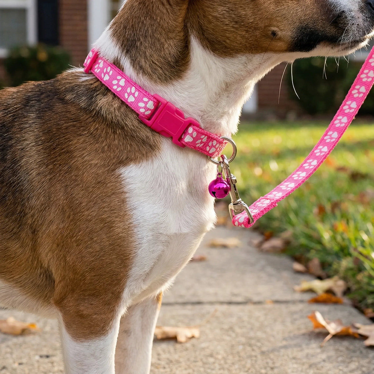 Adjustable paw print collar and lead set for small dogs and cats