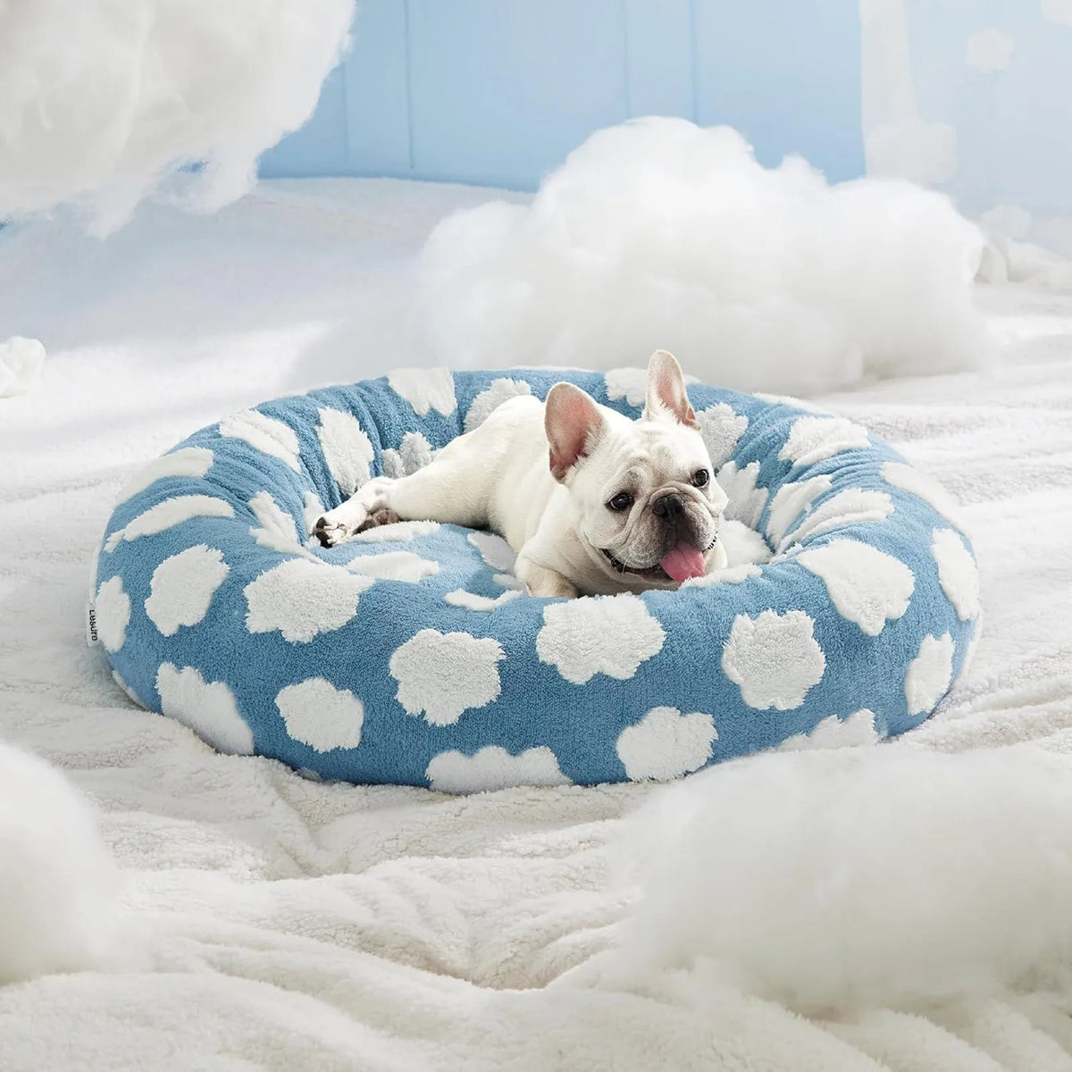 Round plush dog bed for small dogs with raised bolster edge non-slip