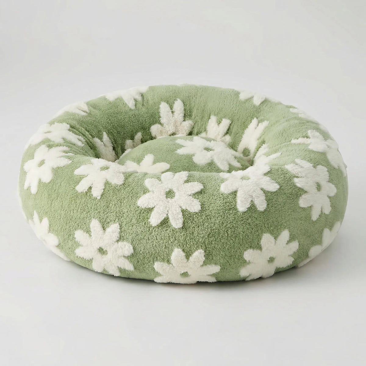 Round plush dog bed for small dogs with raised bolster edge non-slip