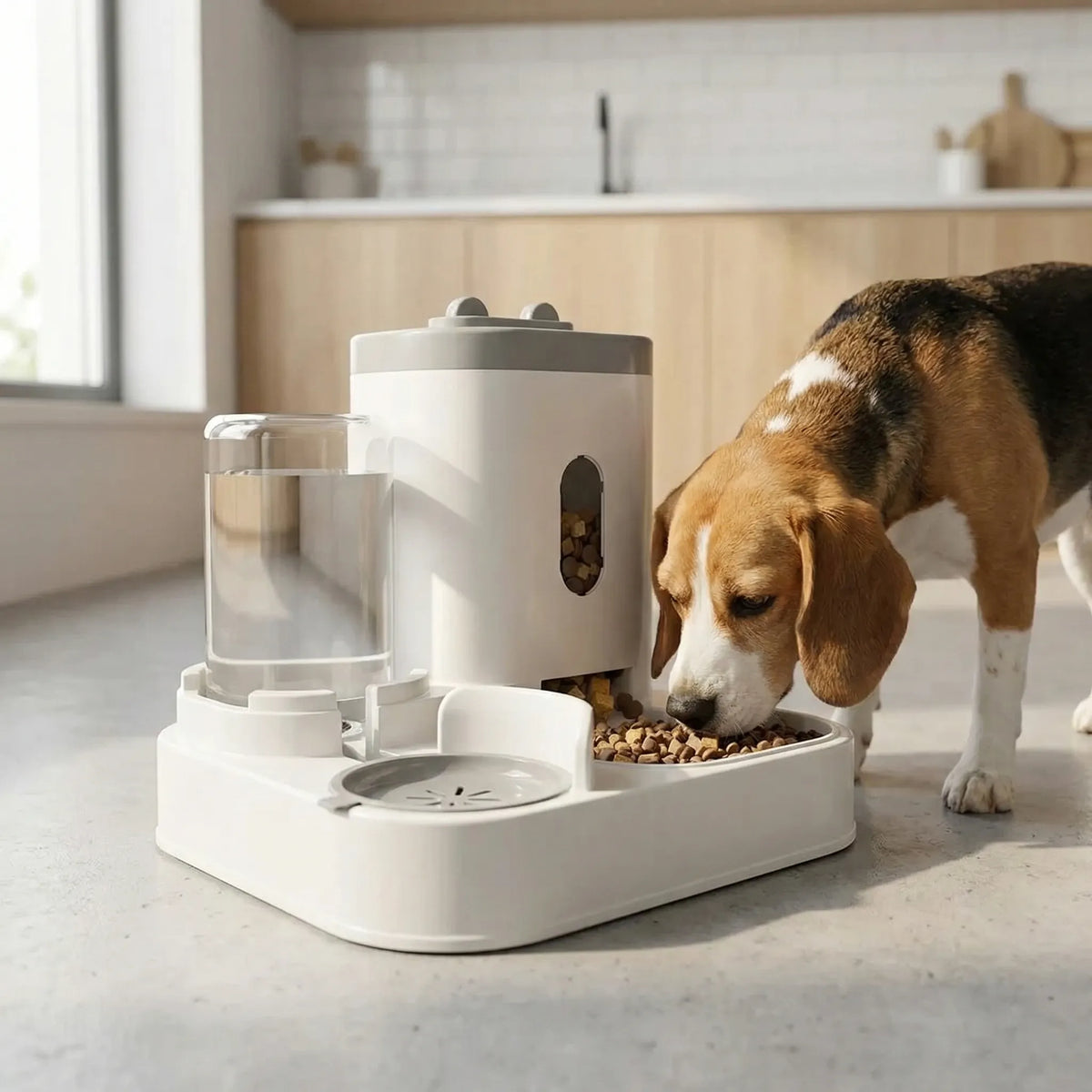 Automatic pet feeder and water dispenser gravity-controlled for dogs and cats