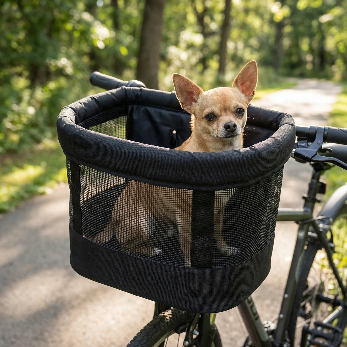 Pet carrier basket for bikes with padded lining and safety harness