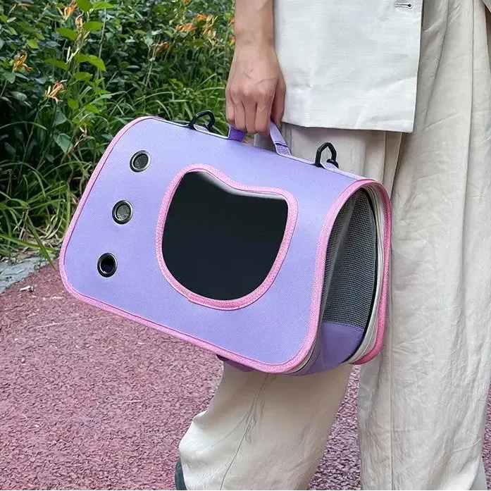 Foldable shoulder pet carrier with mesh ventilation and viewing window