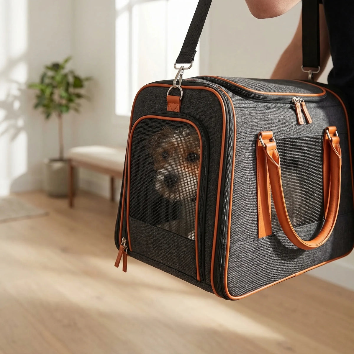Stabilised pet carrier bag with anti-collapse frame and shoulder strap