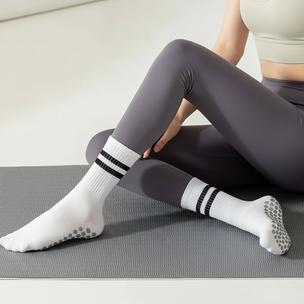 Non-slip yoga socks with silicone grip and medium crew length