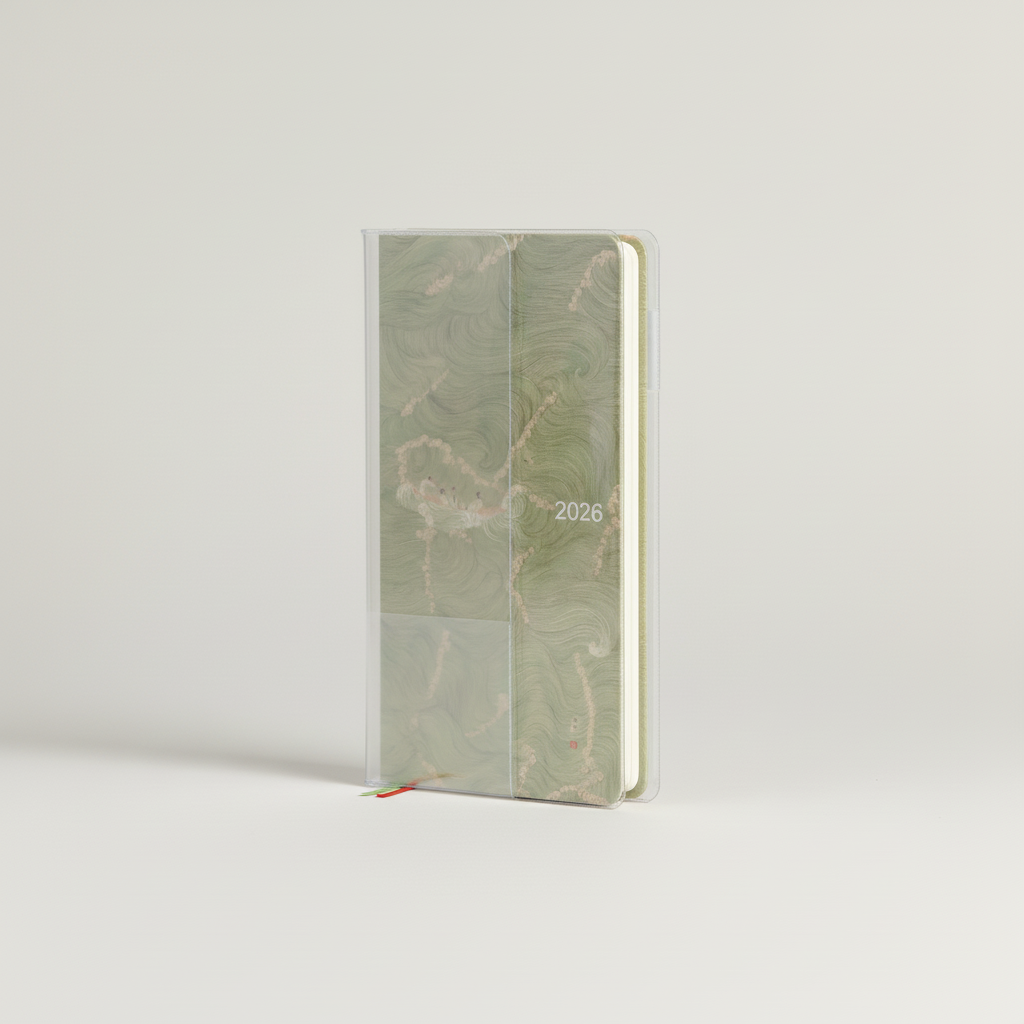 Slim weekly pocket planner with ribbon markers and note sections