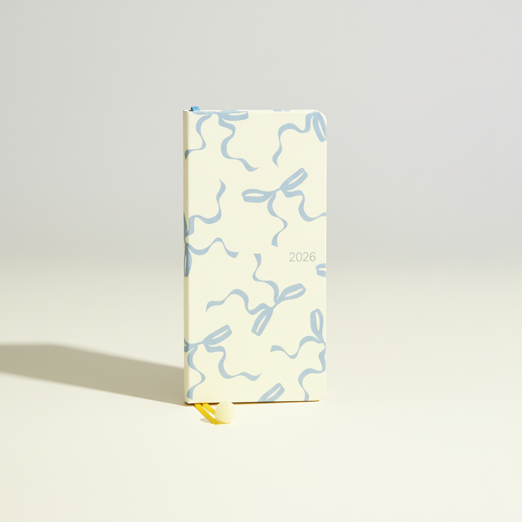 Slim weekly pocket planner with ribbon markers and note sections