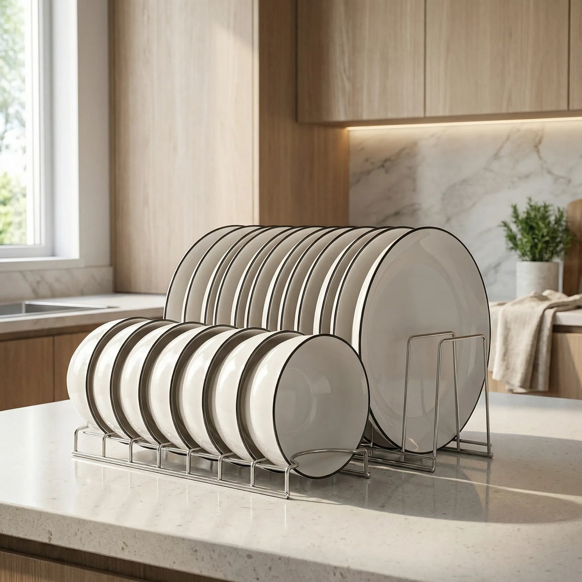 Plate organiser benchtop with vertical compartment dividers
