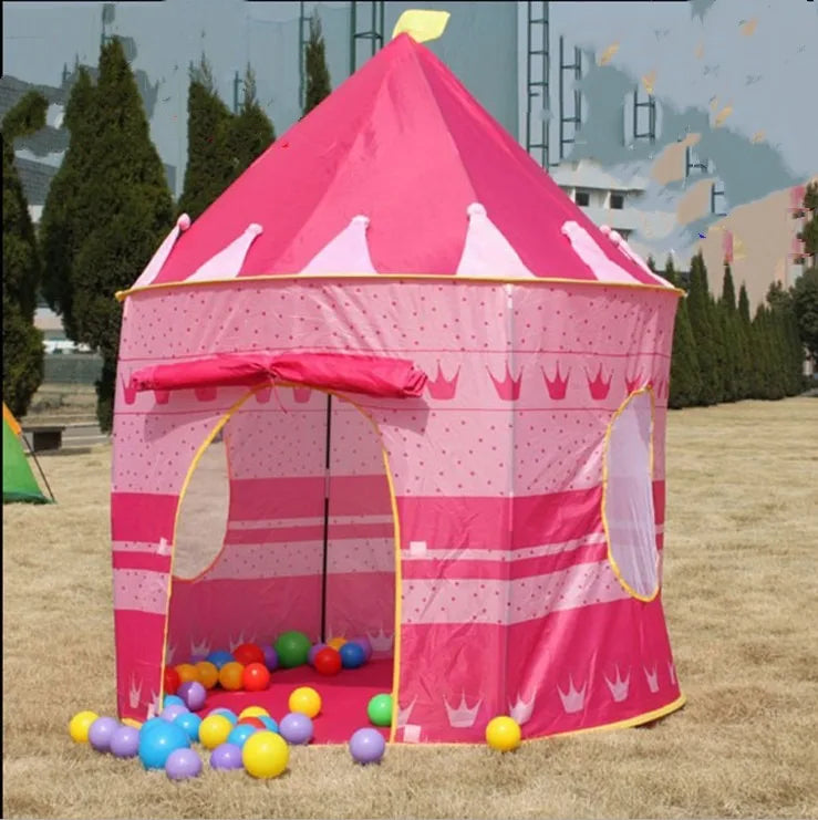 Kids foldable castle play tent with cartoon design and mesh windows
