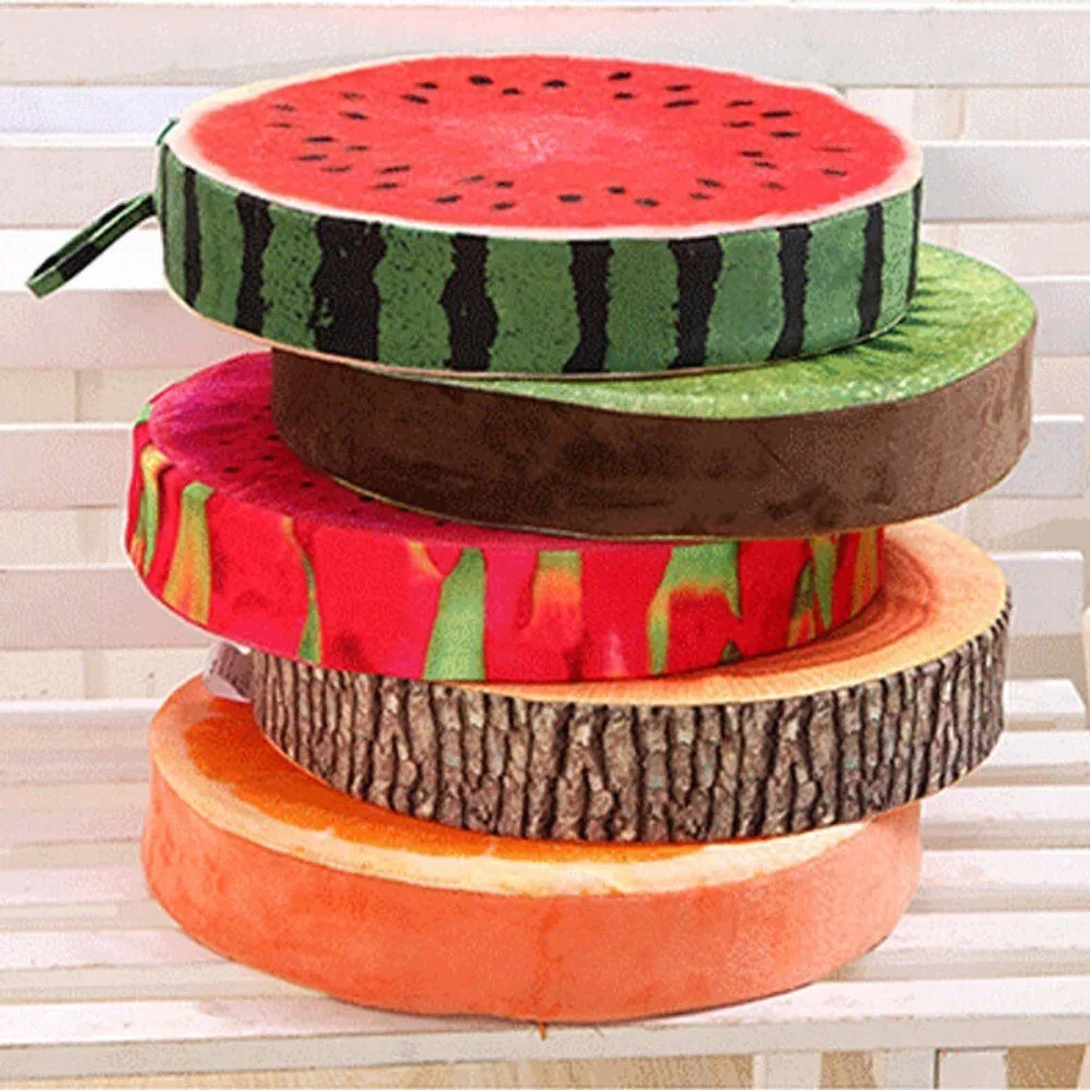 Round dining seat cushion with playful prints and thick padding