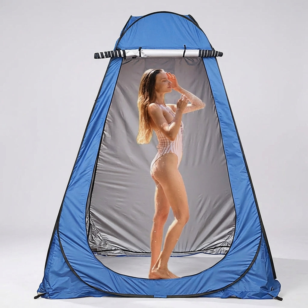 Pop-up privacy shelter with instant setup and roomy standing height