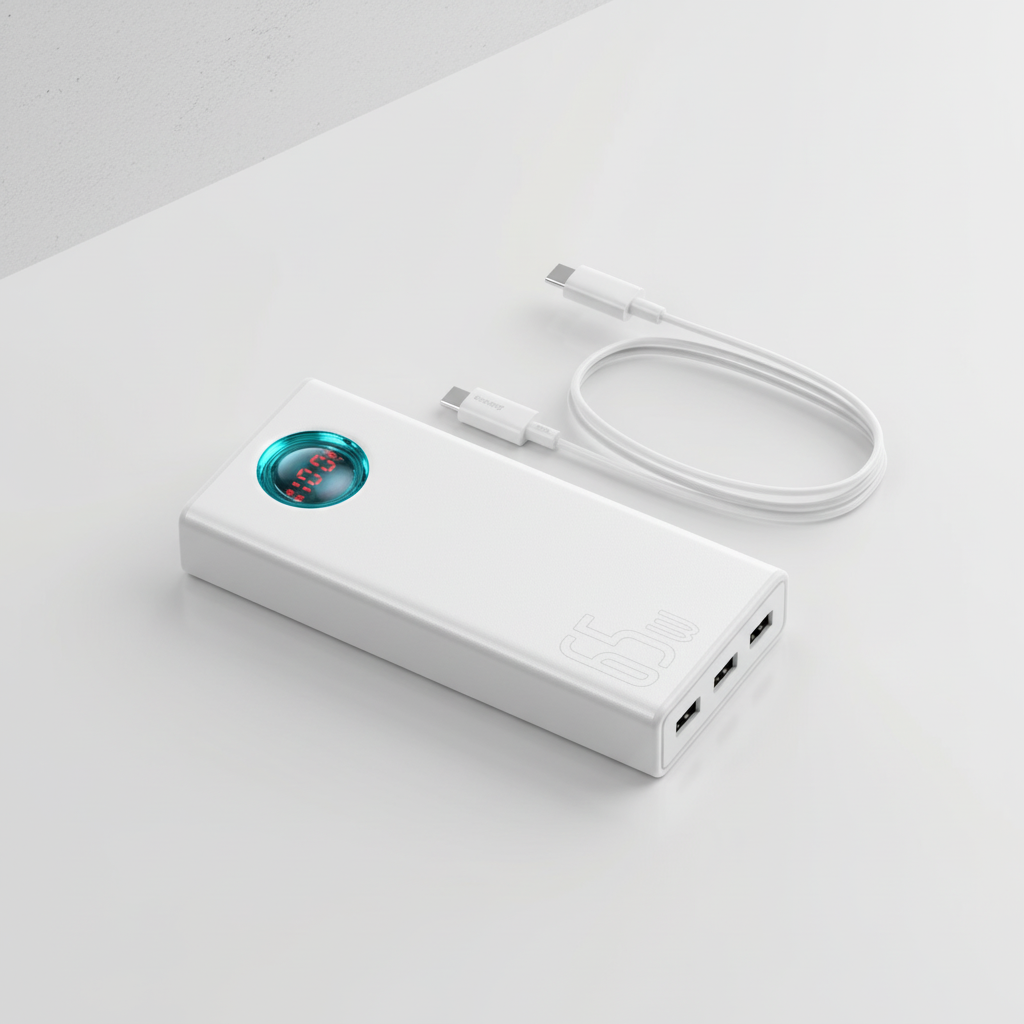 Portable powerbank 30000mAh with 65W fast charging and integrated cables