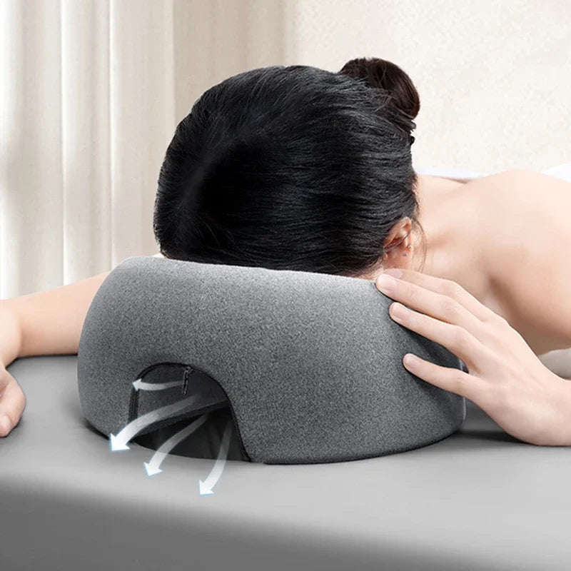 Memory foam face down pillow with ergonomic recess for prone positioning