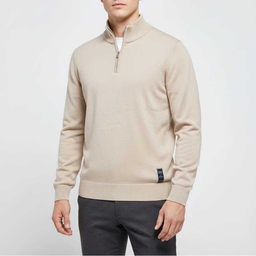Quarter-zip pullover with stand collar and ribbed cuffs