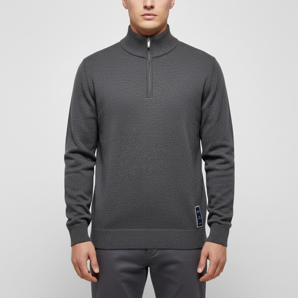 Quarter-zip pullover with stand collar and ribbed cuffs