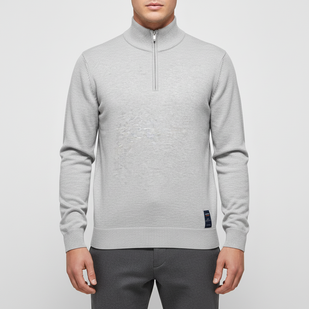 Quarter-zip pullover with stand collar and ribbed cuffs