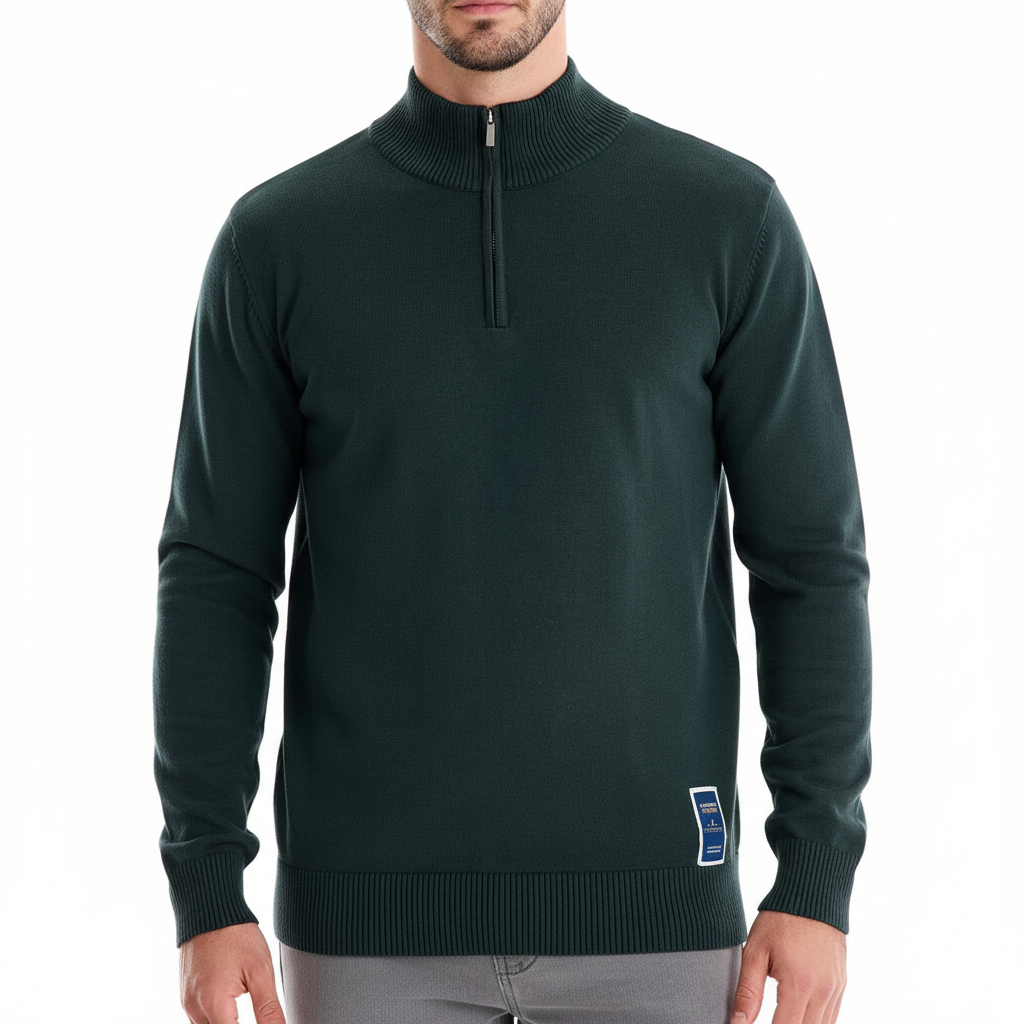 Quarter-zip pullover with stand collar and ribbed cuffs
