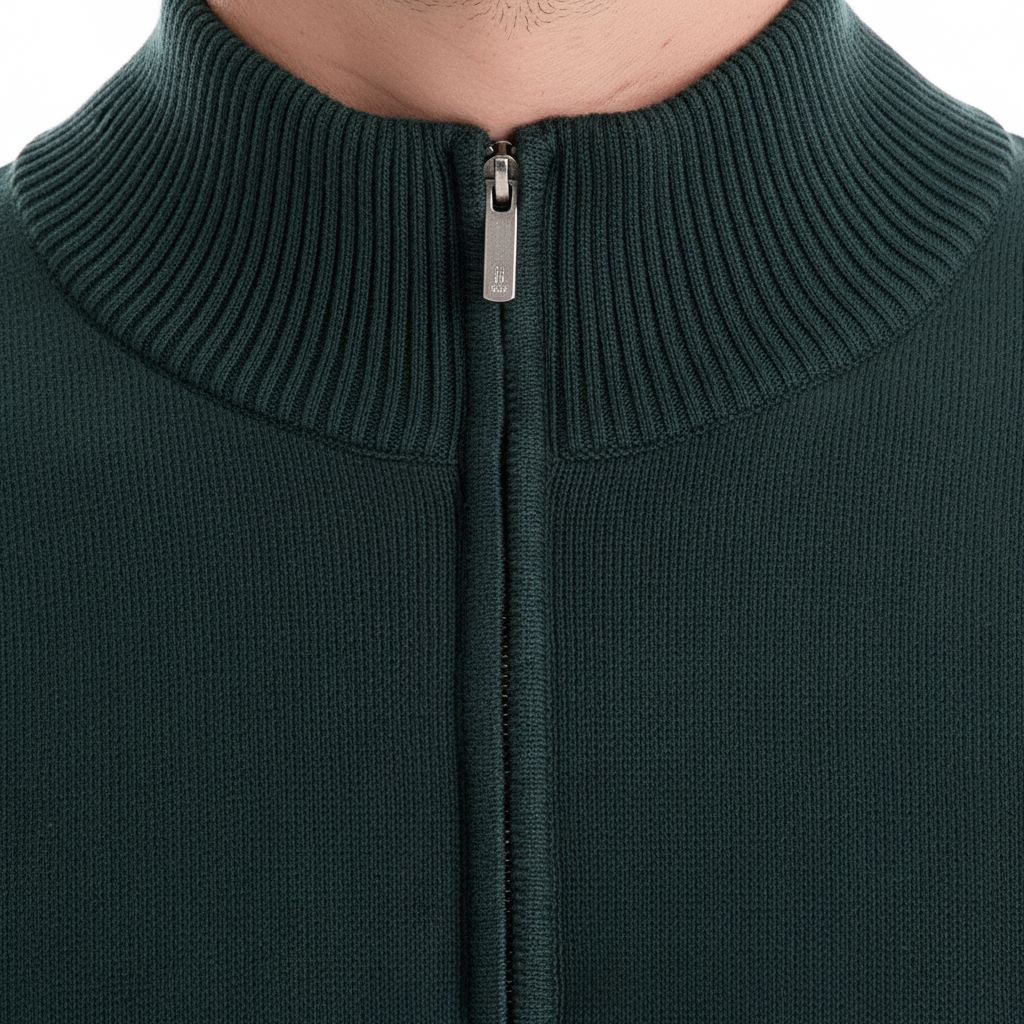 Quarter-zip pullover with stand collar and ribbed cuffs