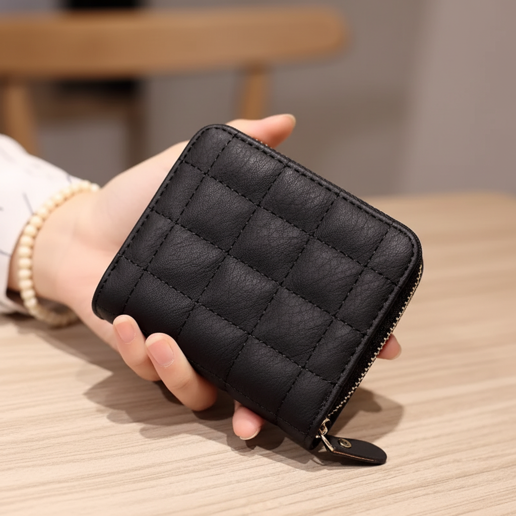 Compact quilted zip wallet with multiple card slots and coin pocket