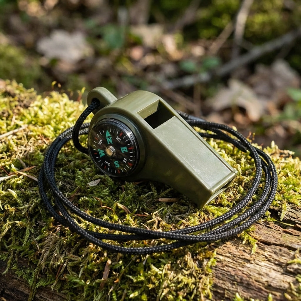 Compact 3-in-1 emergency whistle with compass and temperature indicator