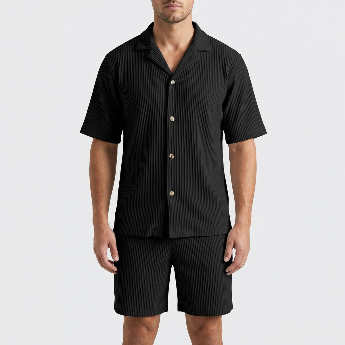 Men's ribbed shirt and shorts set with stretch waistband relaxed fit