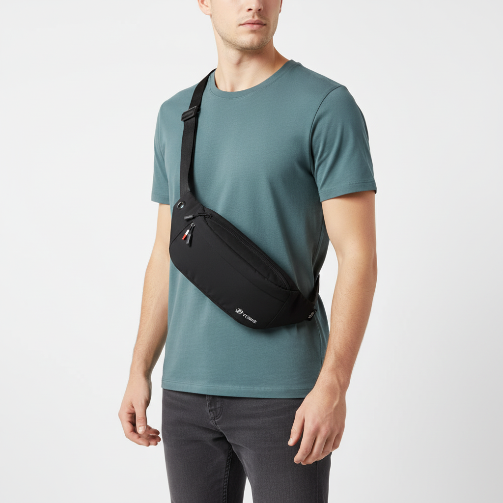 Waterproof nylon waist pack with adjustable strap and organised compartments