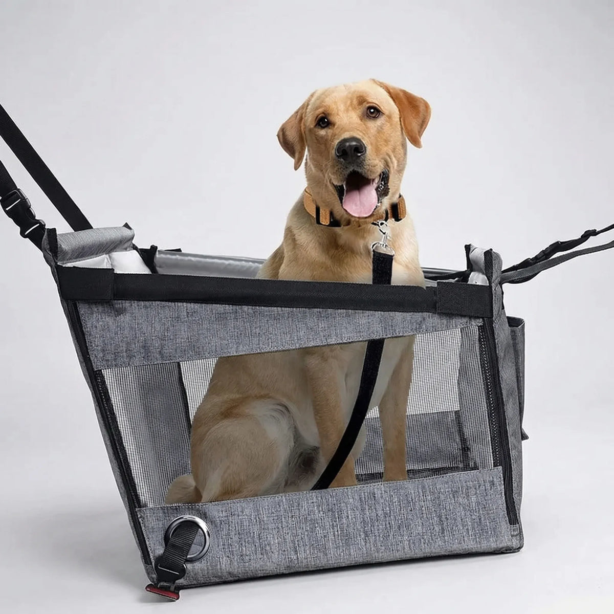 Dog car carrier with breathable mesh sides and water-resistant base