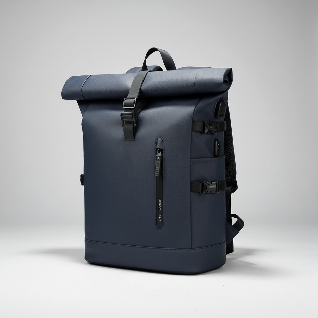 Water-resistant rolltop backpack with USB port and padded laptop compartment