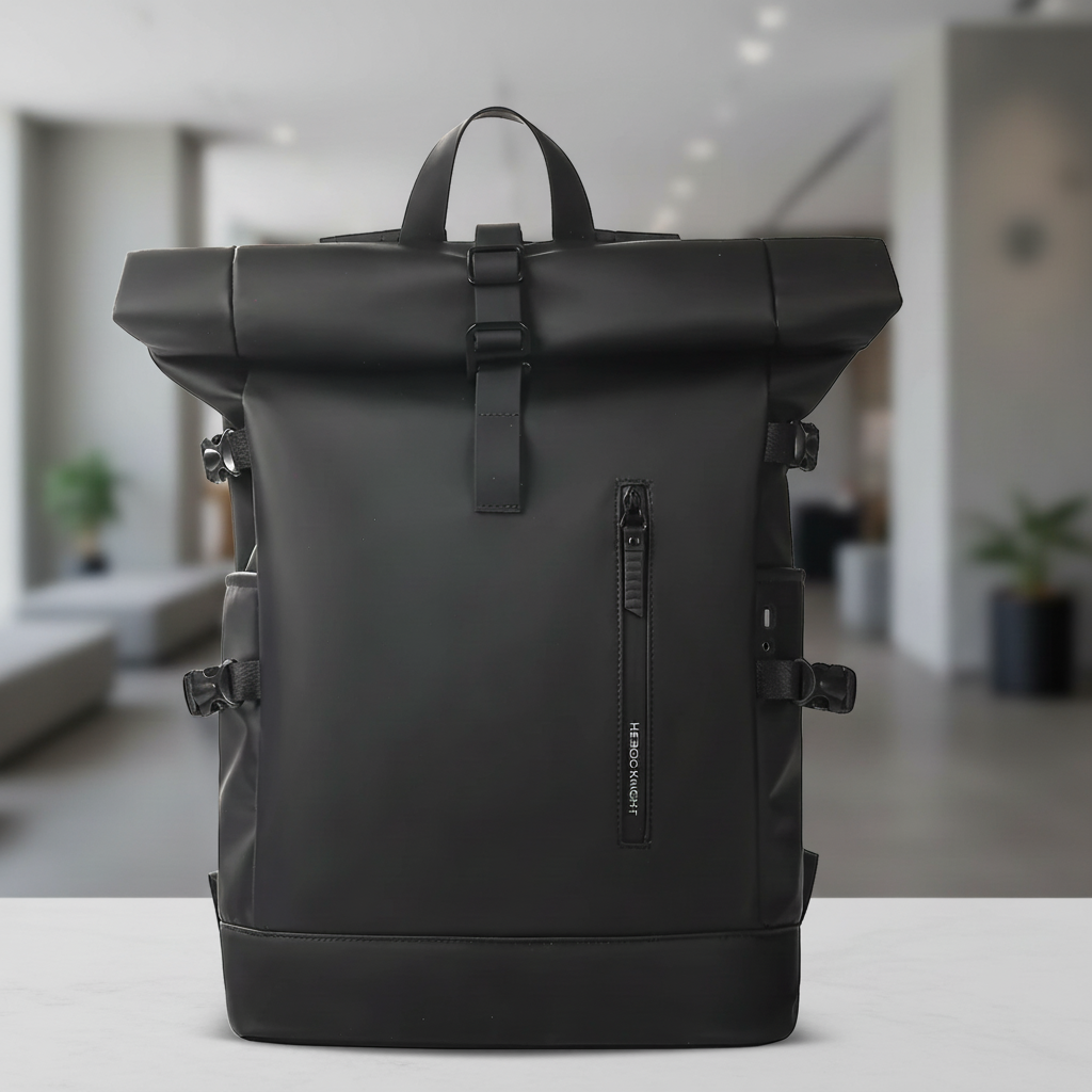 Water-resistant rolltop backpack with USB port and padded laptop compartment