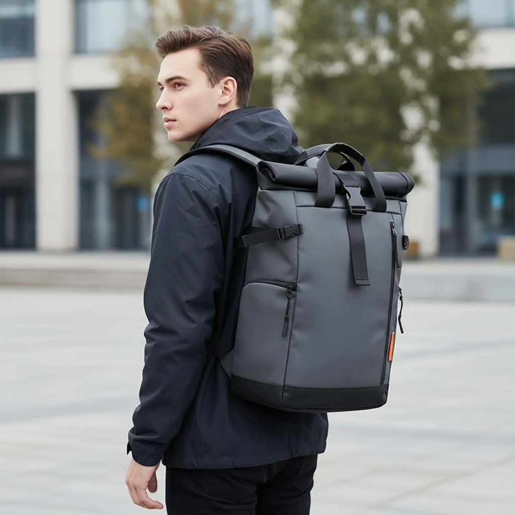 Water-resistant laptop backpack with rolltop closure and luggage carry handle