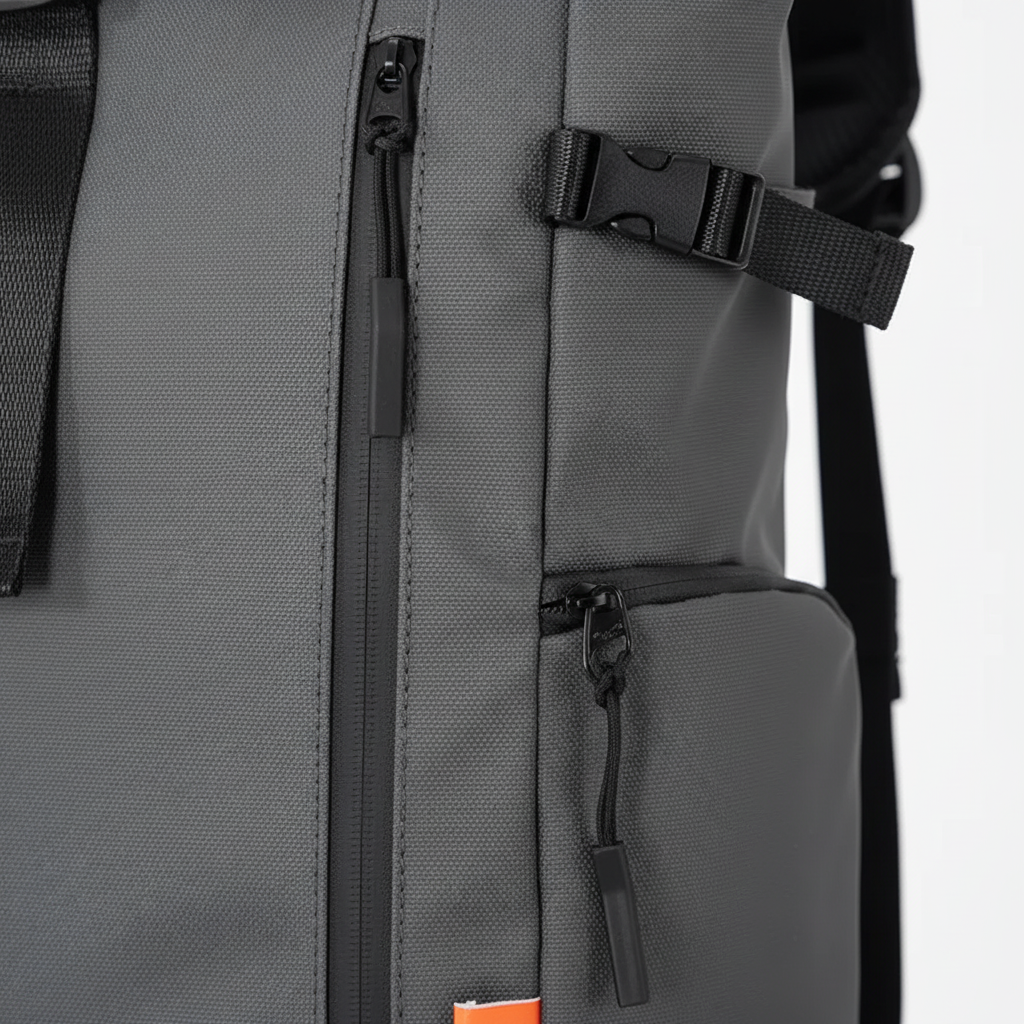 Water-resistant laptop backpack with rolltop closure and luggage carry handle
