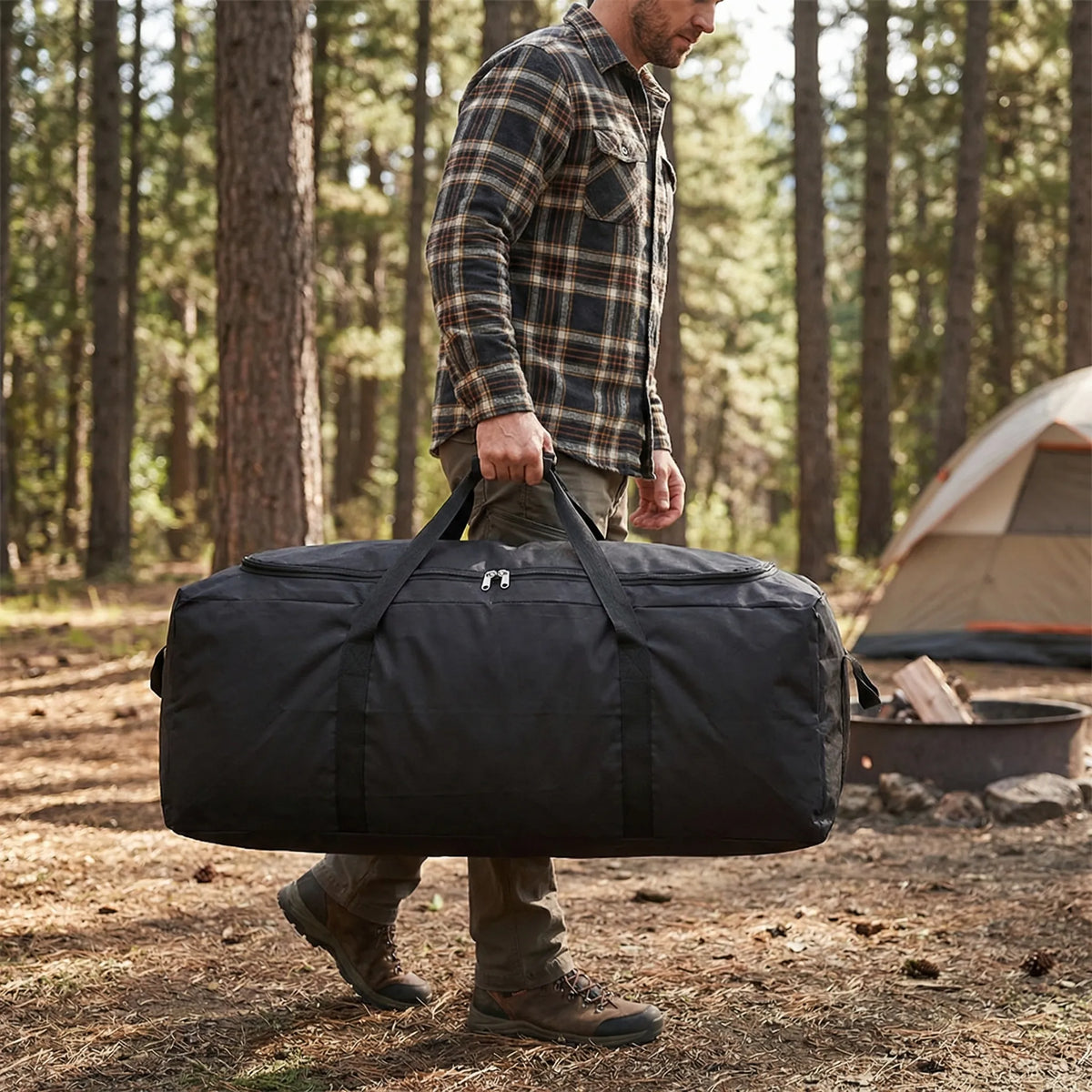 Large travel duffle bag with reinforced carry straps and full-length opening