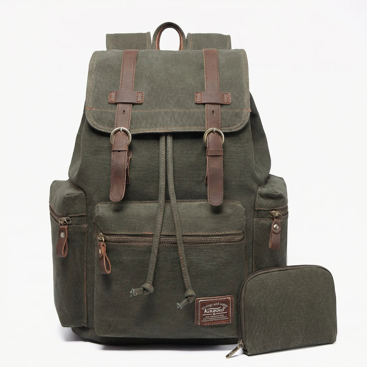 Vintage woven canvas backpack with drawstring and multiple pockets