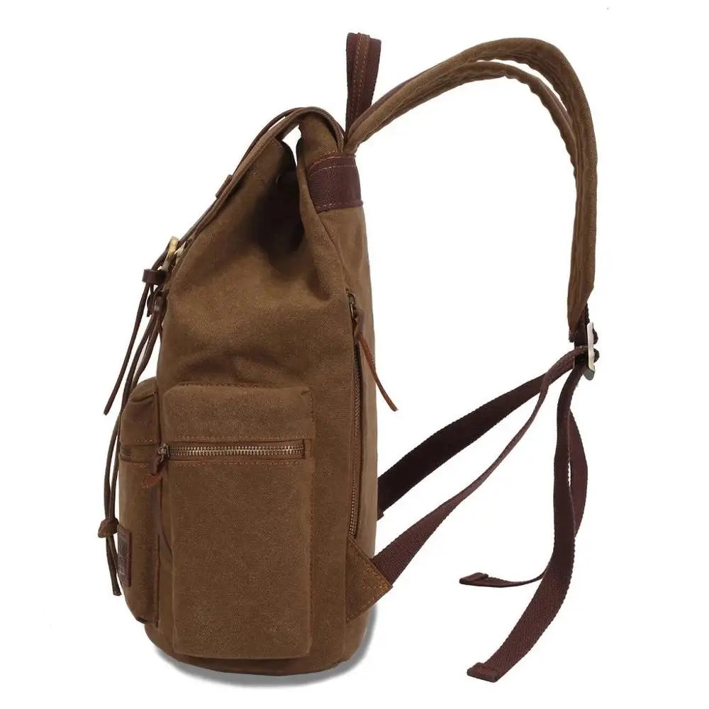 Vintage woven canvas backpack with drawstring and multiple pockets