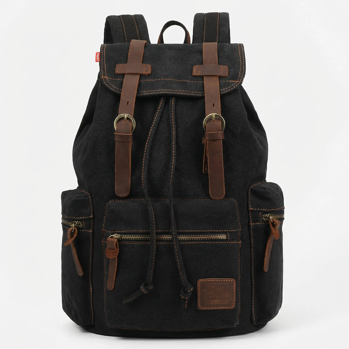 Vintage woven canvas backpack with drawstring and multiple pockets