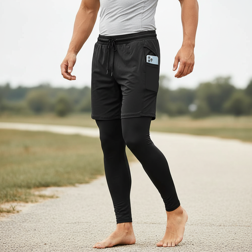 Men's two-in-one training pants with compression leggings and outer shorts
